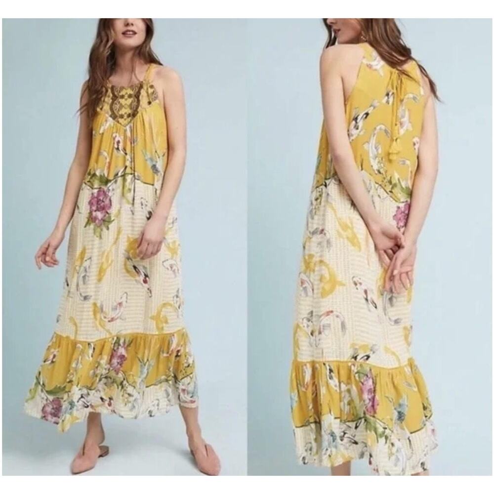 Anthropologie One September Dress Womens XS Yellow Floral Koi Maxi Embroidered